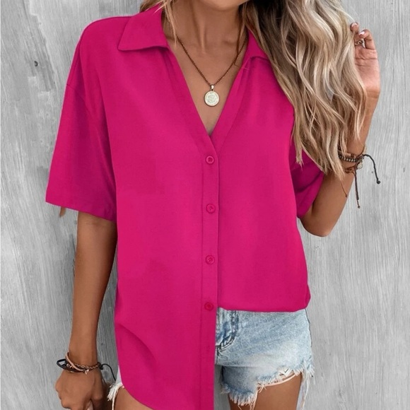 New hot pink button down short sleeve top - Picture 5 of 8